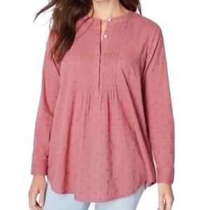 MED J. Jill Shirt Cotton Blouse Swiss Dot Popover Tunic Top Pink  Rose Top